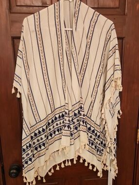 Striped Tassel Kimono Tunic in Cream and Navy